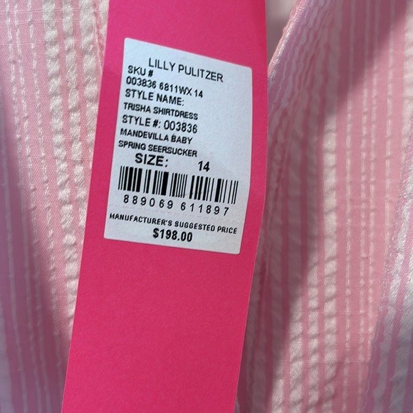 NWT Lilly Pulitzer Trisha pink seersucker shirt dress mandevilla baby Sz 14 - Picture 3 of 6